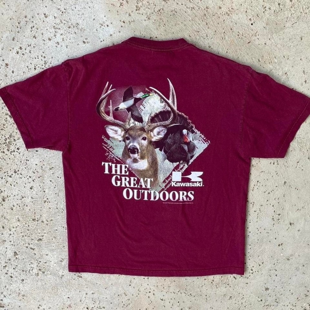 Vintage Kawasaki Nature Deer The Great Outdoors 90s Motorcross Hunting Shirt